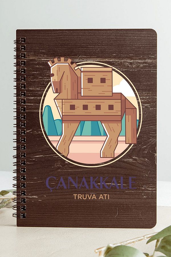 SaltanArt-Çanakkale Trojan Horse City Design Wooden Cover Notebook Kraft Paper Special Design Gift 1