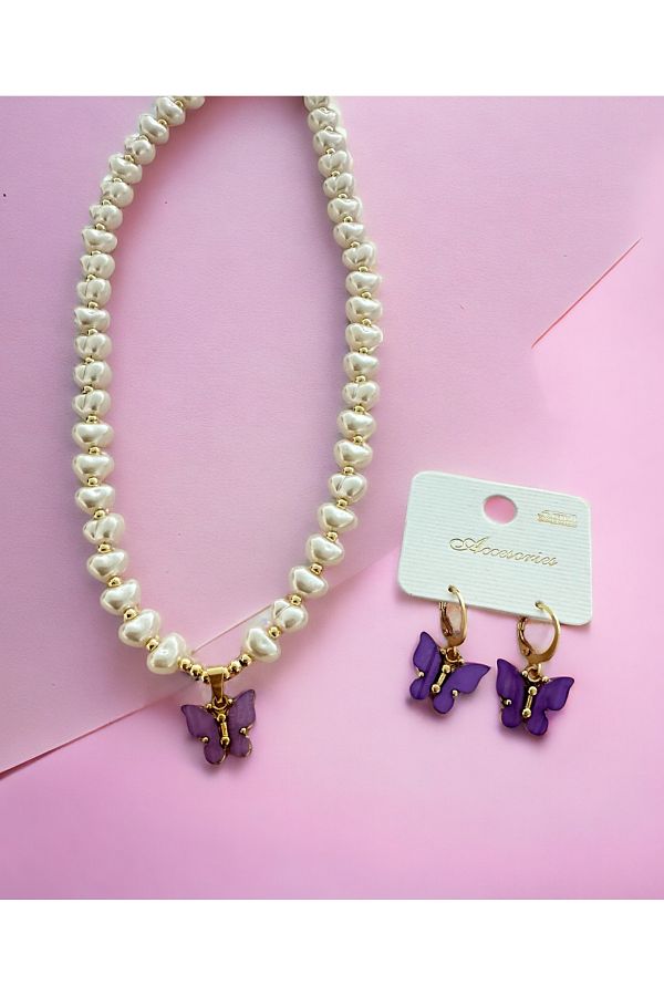 Saltos-Purple Butterfly Necklace and Earrings Set with Pearls Women's Necklace and Earrings Purple Butterfly Necklace Earrings Jewelry Set with Pearls 1