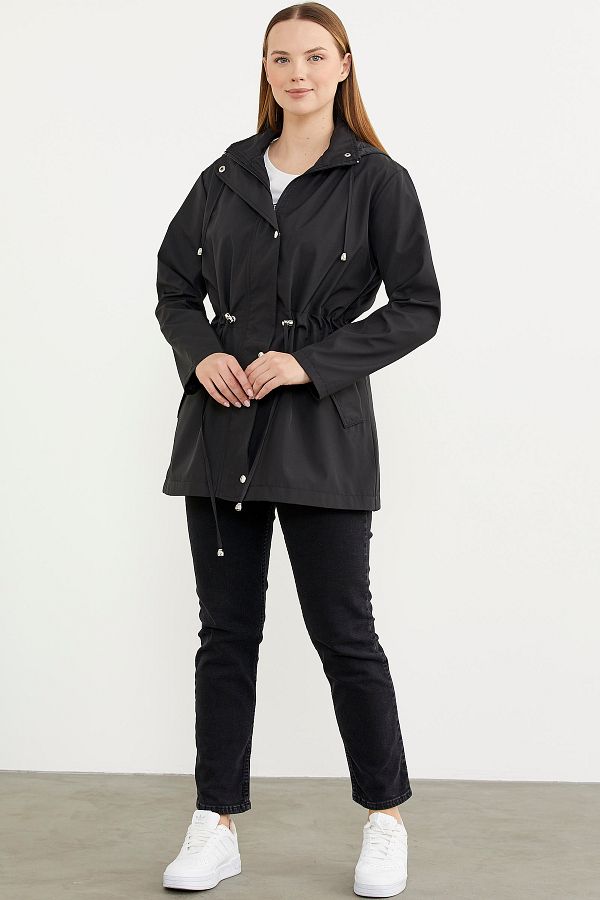 Sementa Plus Size Drawstring Waist Hooded Trench Coat Black Trendyol