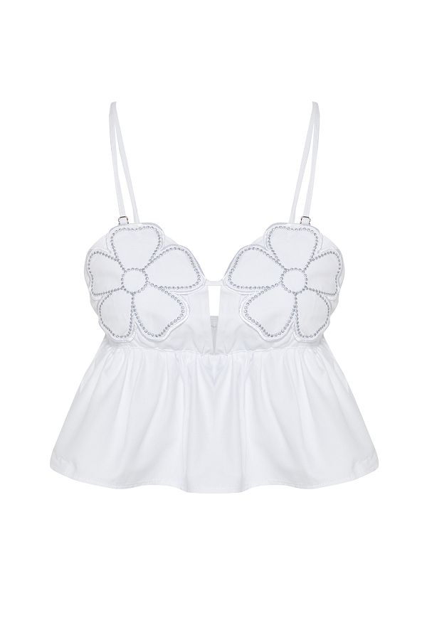 Trendyol Collection-Λευκή Crop Μπλούζα με κέντημα λουλουδιών - TPRSS24BZ00030 1