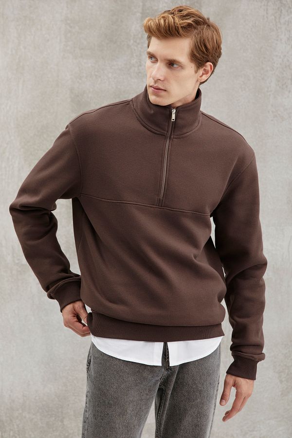 GRIMELANGE-Pánská mikina Frame Pánská mikina s polovičním stojáčkem na zip Soft Fabric Fleece Regular Brown 1