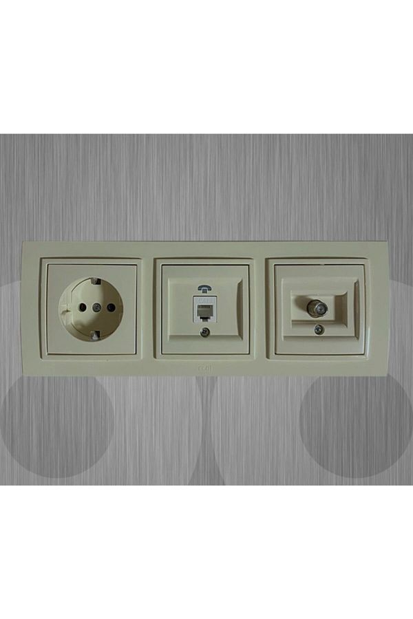 ELBİ-Zena Triple Set Grounded Socket Satellite Socket Telephone Socket Triple Frame Cream 1