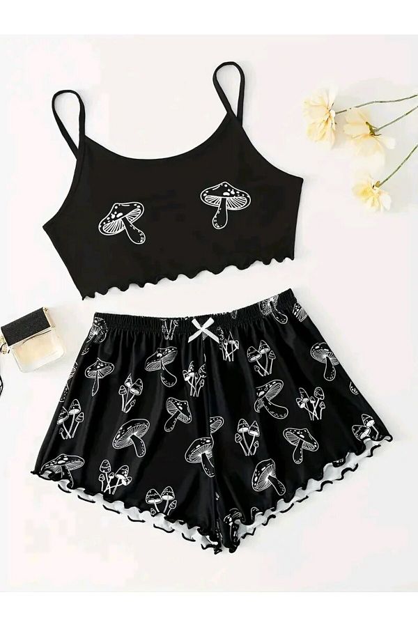 Choice Women Pajamas Sleepwear Pajama Set Sports Camisole And Shorts S M L Black Mushroom Cartoon Print Trendyol