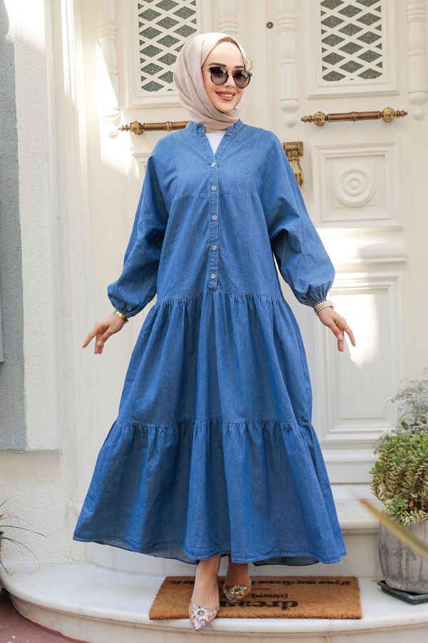 Neva Style Layered Pleated Dark Blue Hijab Denim Dress 10619KM Trendyol