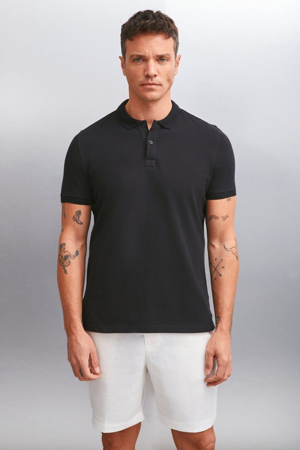 GRIMELANGE MARTEN Men's 100% Cotton Short Sleeve Regular Fit Black Polo Collar T-shirt