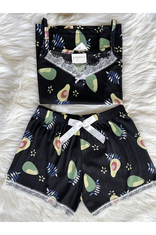 Pijamacs-Black Avocado Patterned Pegasus Pajama Set with Shorts 1
