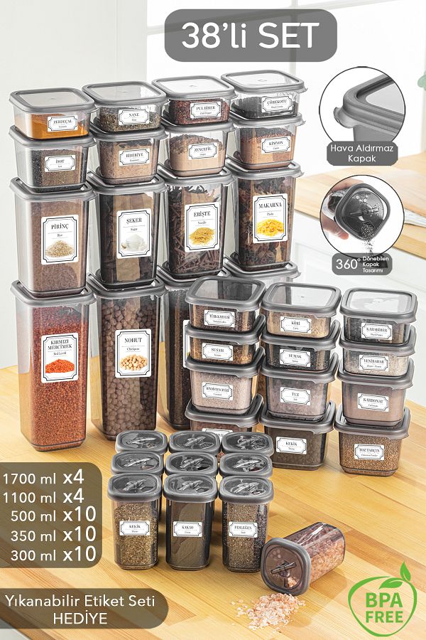 Meleni Home-طقم حاوية تخزين مربعة مكونة من 38 قطعة طقم توابل 4x(1700 مل 1100 مل) 10x(500 مل 350 مل 300 مل) 1