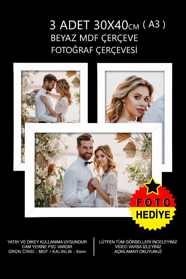 bymat-3 Pieces 30x40 Frame - White Frame - A3 Frame - Mdf Multi Photo Frame 1
