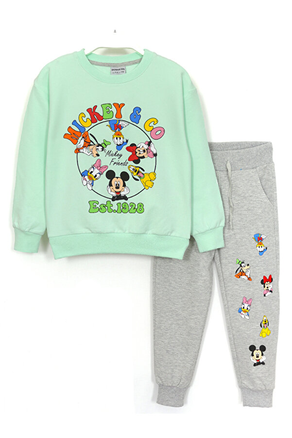 DobaKids Baskılı Uzun Kollu Yumuşak Pamuk Kumaşlı Bisiklet Yaka Manşetli Paça Kız Çocuk Eşofman Takımı Yeşil