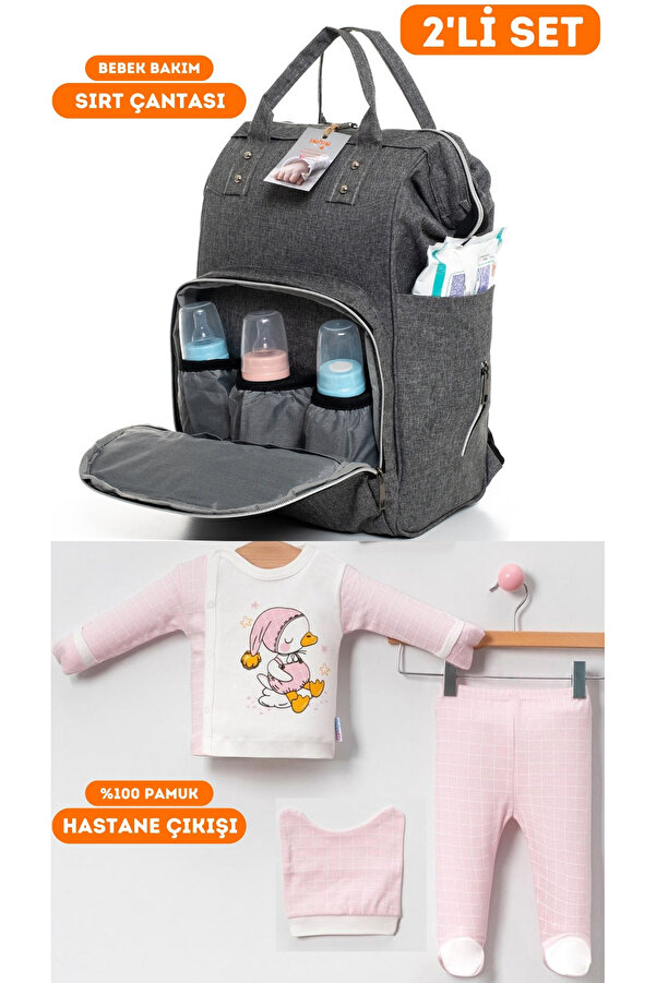 sahra bebek 2’Lİ DOĞUM SETİ (LEKE TUTMAZ SU GEÇİRMEZ BEBEK BAKIM SIRT ÇANTASI VE %100 PAMUK HASTANE ÇIKIŞI)