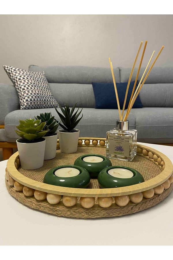 FN-25 cm Wicker Raffia - Wooden Small Beaded Decorative Tray, Natural Jute Tray for Bathroom and Home 1