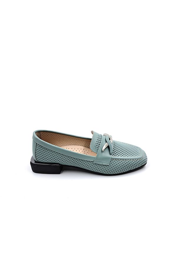 Mego Genuine Soft Leather Perforated Mint Green Women s Buckle Loafer Shoes Trendyol