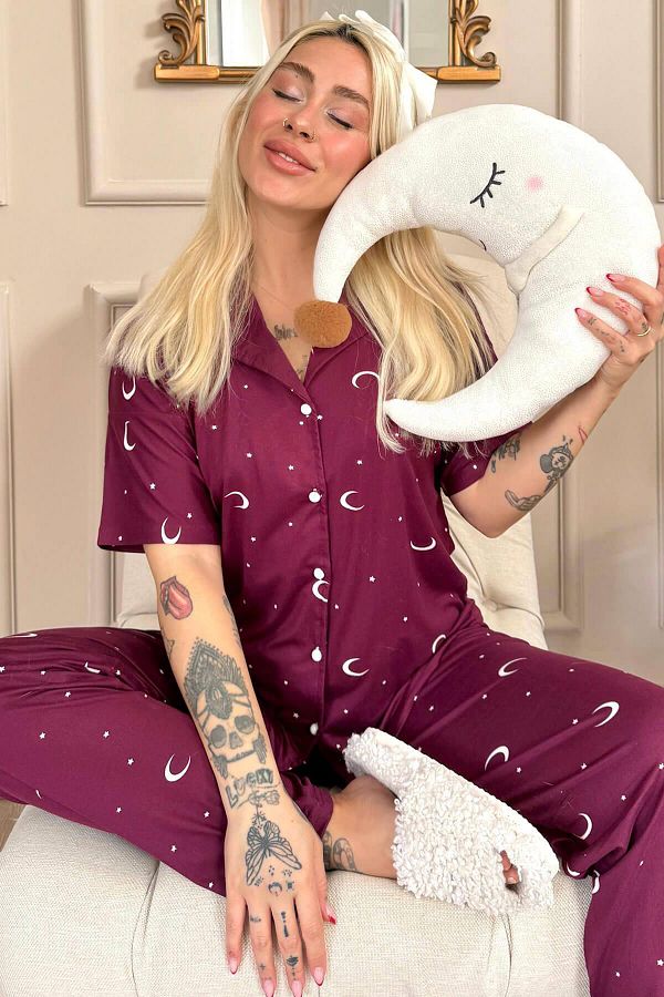 Pijamaevi-Plum Moon Star mintás bambusz elöl gombos rövid ujjú pizsama szett 1