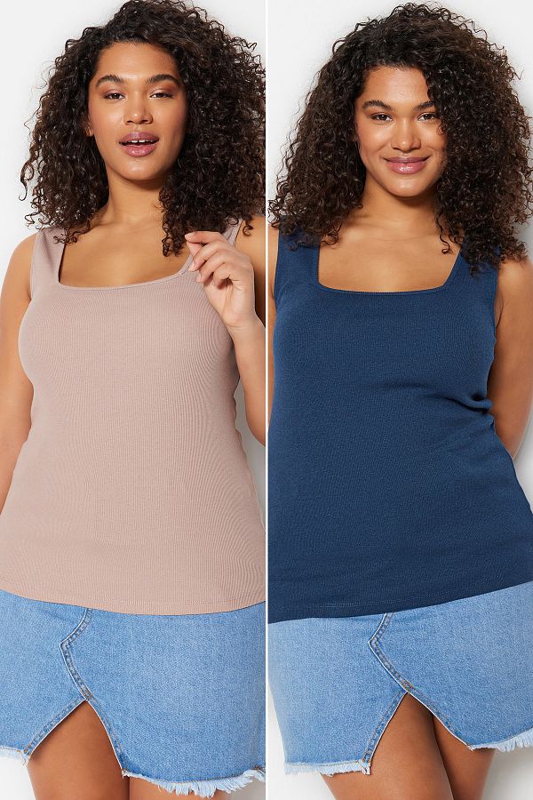 Trendyol Curve-Gerippte Nerz-Indigo-Unterhemden mit quadratischem Ausschnitt – große Größe, 2er-Pack TBBSS22AL0024 1