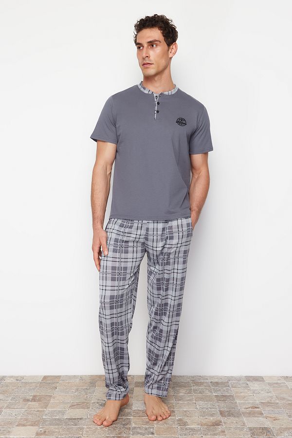 Trendyol Collection-Plaid Patterned Anthracite Knitted Pajama Set - Regular Fit TMNSS24PT00037 1