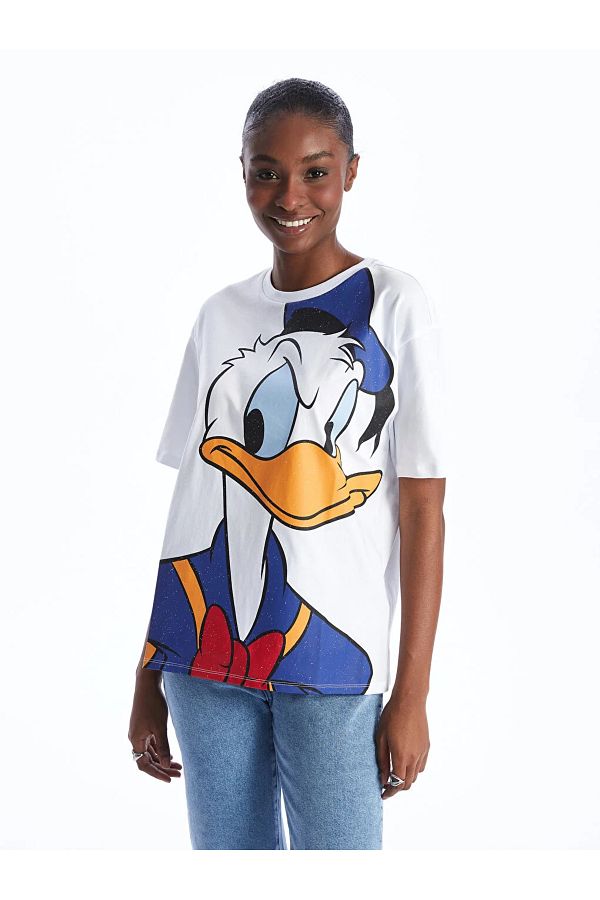 LC Waikiki LCW Vision Rundhals T Shirt mit Donald Duck Aufdruck kurzarmelig UbergroBe fur Damen Trendyol