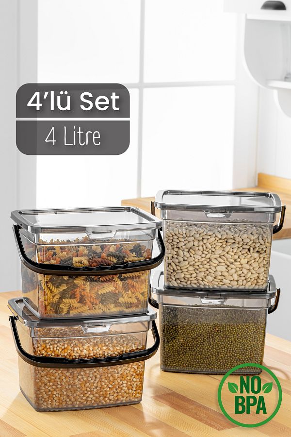 Vienev-4-Piece Mega Size Square Flour Pulses Container - 4 Liter Anthracite Detergent Storage Box with Handle 1