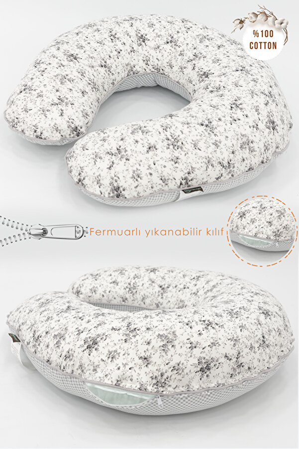 mordesign Çift Taraflı Emzirme Yastığı /bebek Destek Minderi, Hamile Yastığı, Pamuk Kumaş, Çıtır Seri, Gri