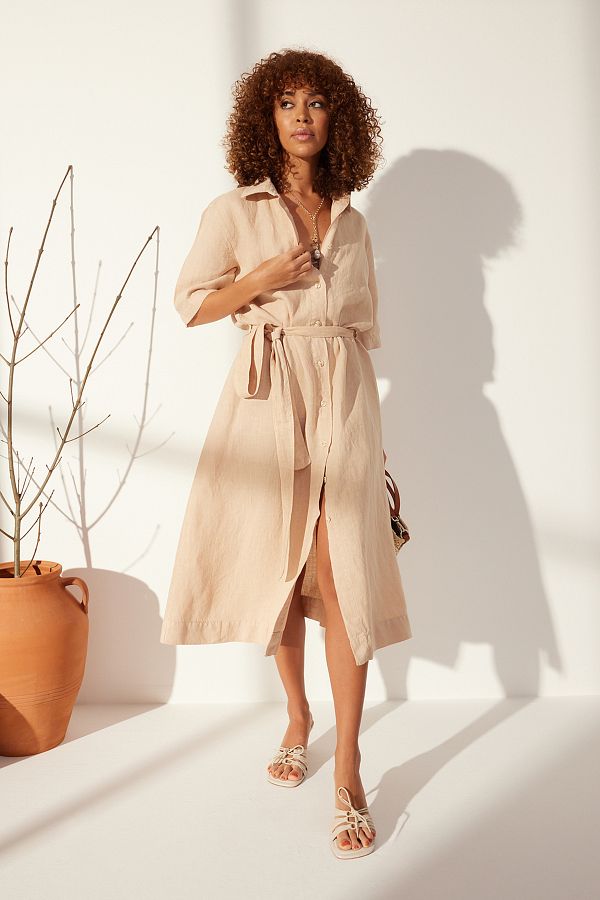 Trendyol Collection Beige 100 Linen Maxi Shirt Dress TWOSS24EL00664 Trendyol