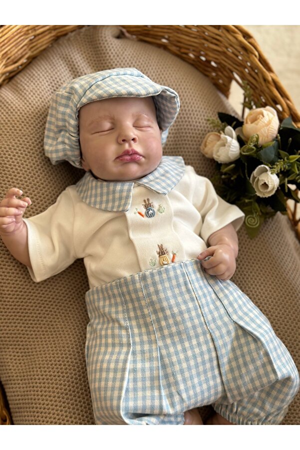 Mama Miel Baby Mavi Pötikare Kumaş Şortlu El İşi Tavşan Detaylı Çıtçıtlı Body Kasket Takım