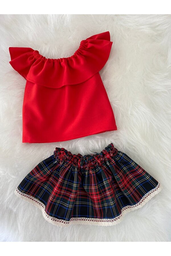 Moda Lina Kız Bebek Kırmızı Bluz Ekose Etek Takım