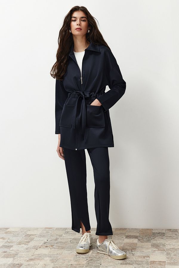 Trendyol Modest-Navy Blue Diver/Scuba Tie Detailed Knitted Top and Bottom Set TCTAW24EN00017 1