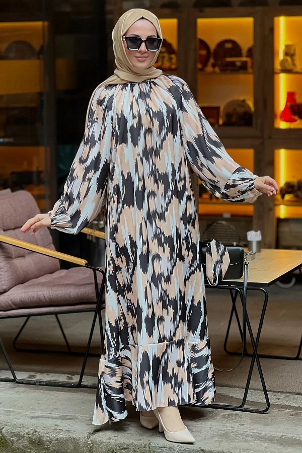 julude-Rochie elegantă drapată cu curea cu model bej 1
