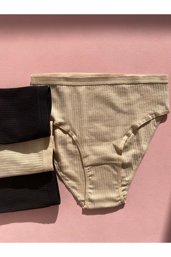 LEYNA BUTİK-Corded Cotton Lycra 4-Piece Women's Triangle Bato Panties (Skin-Black) 1
