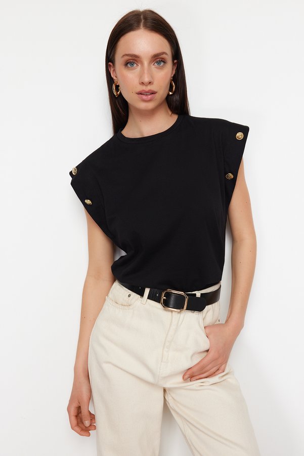 Trendyol Collection Black <b>%100</b> Cotton Button Detail Shoulder Pad Look Basic Crew Neck Knitted T-Shirt TWOSS23TS00016