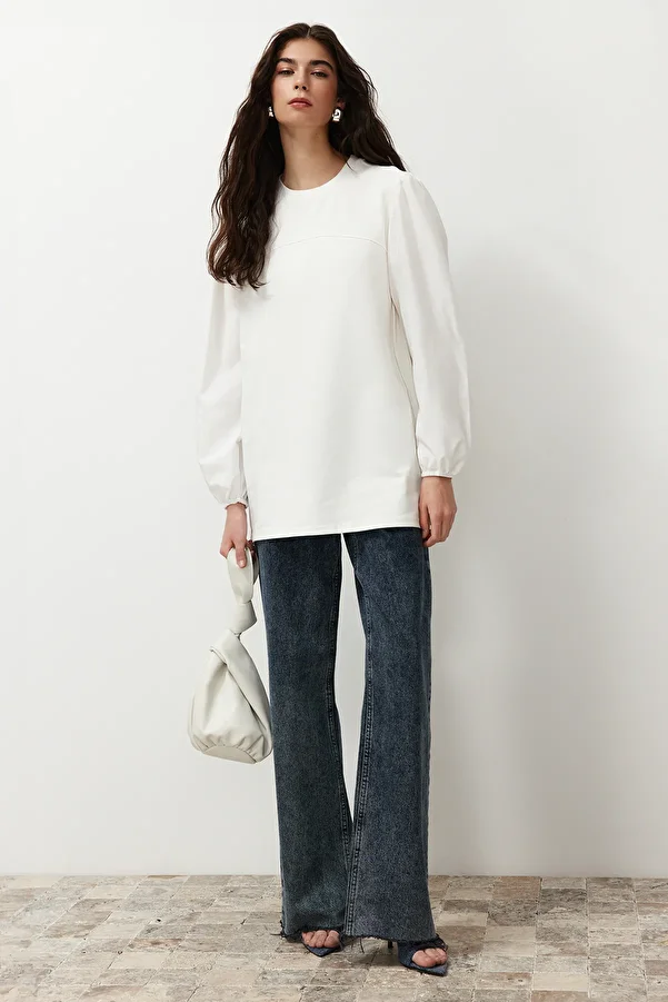Trendyol Modest-Πλεκτό λευκό φούτερ από Ποπλίνα - TCTSS24UK00041 1