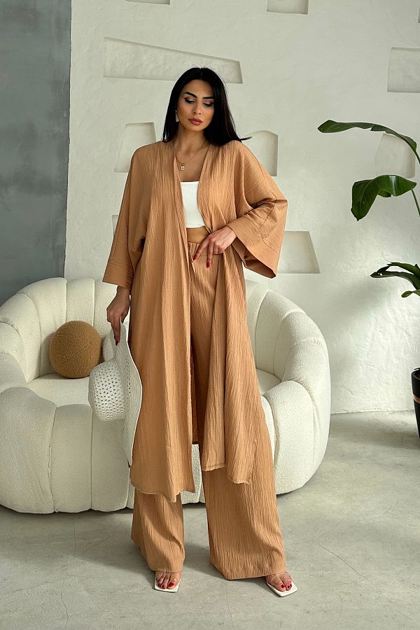 Ortaya Çık-Camel Long Bottom Top Kimono Set 1