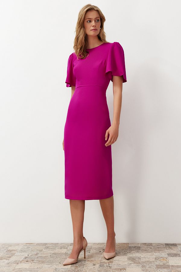 Trendyol Collection Fuchsia Midi Pencil Skirt Dress A Line Pleat Detail on the Sleeve Woven TWOSS24EL00659 Trendyol
