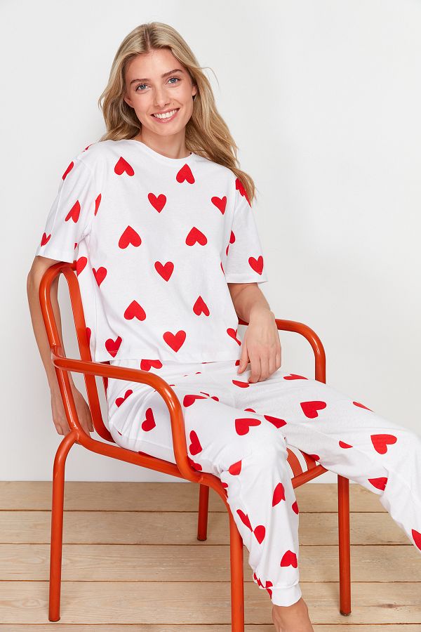 Trendyol Collection-Szív, fehér pamut pizsama szett - THMSS24PT00336 1
