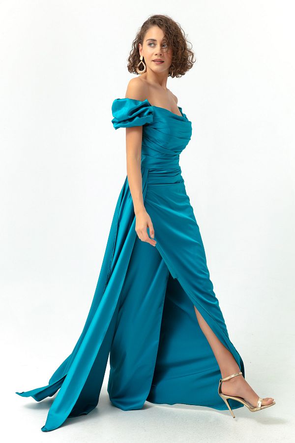 Lafaba Women s Turquoise Bateau Neckline Long Satin Evening Dress