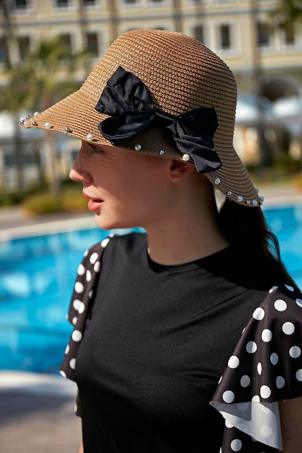 Remsa Mayo-Camel Rş-76 Straw Cap - Pearls and Ribbon Detail 1
