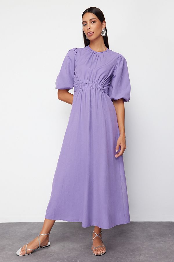 Trendyol Modest-Lilacové bavlnené tkané šaty s balónovými rukávmi TCTSS24EB00005 1