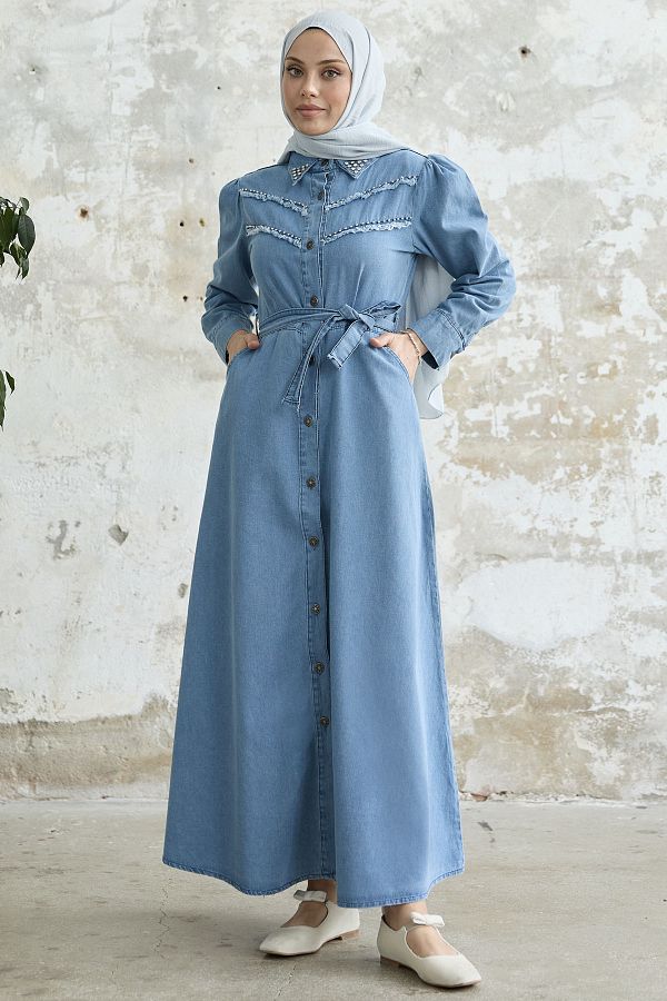 InStyle-Tasseled Beaded Denim Dress - Blue 1