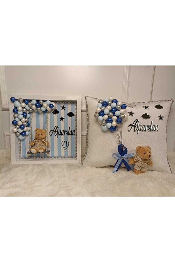 şatafat design Bebek Kapı Süsü Ve Takı Yastığı Salıncaklı Mavi Gümüş