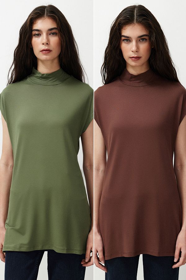 Trendyol Modest-Pachet de 2 tunici fără mâneci cu guler ridicat - căptușeală maro și kaki TCTSS21UK0033 1