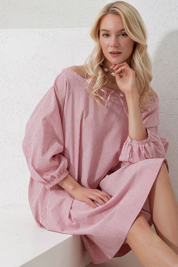 Trend Alaçatı Stili-Rochie de damă, fucsia, cu guler lat, cu guler în dungi, țesută legată Alc-X11712 1