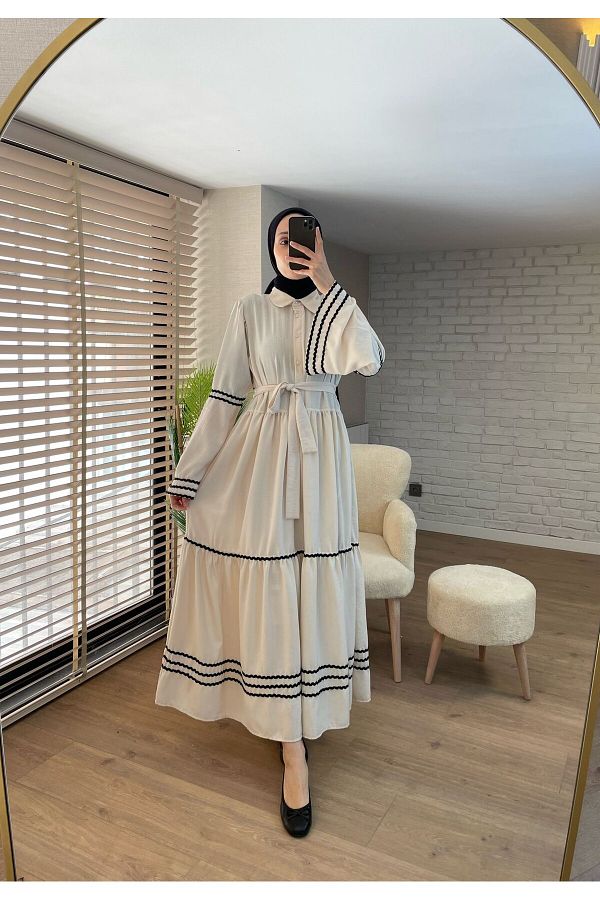 VOLT CLOTHİNG-Women's Shirt Collar Embroidered Linen Dress 1