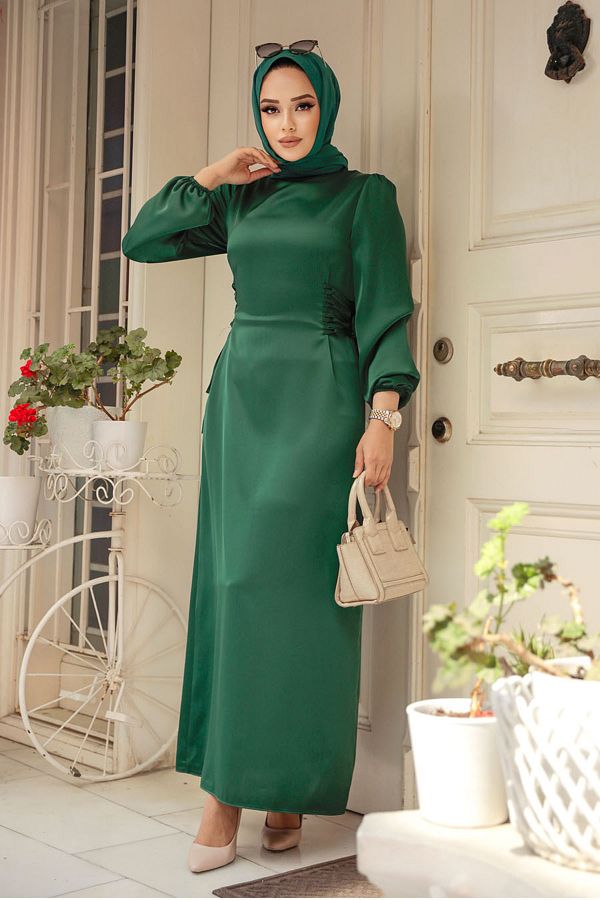 Neva Style Lace Detailed Green Hijab Satin Evening Dress 5948Y Trendyol