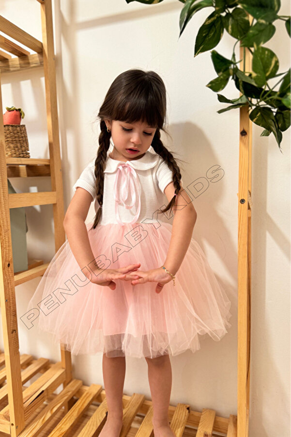 penu baby kids Pembe Kurdeleli Bebe Yaka Kısa Kol Kız Bebek Elbise - Heidi