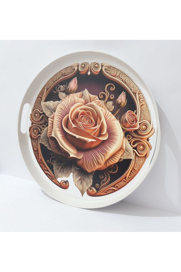 renkli çiçekler-Tea Tray Round Patterned Plastic Tea Tray 38 CM 1