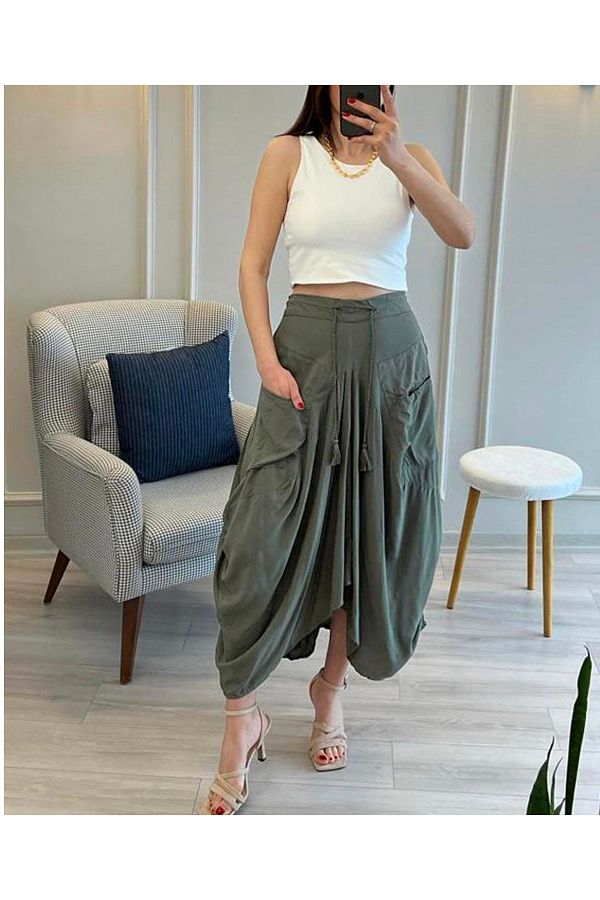 Bebe Plus Khaki Green Baggy Skirt with Back and Elastic Waist Trendyol