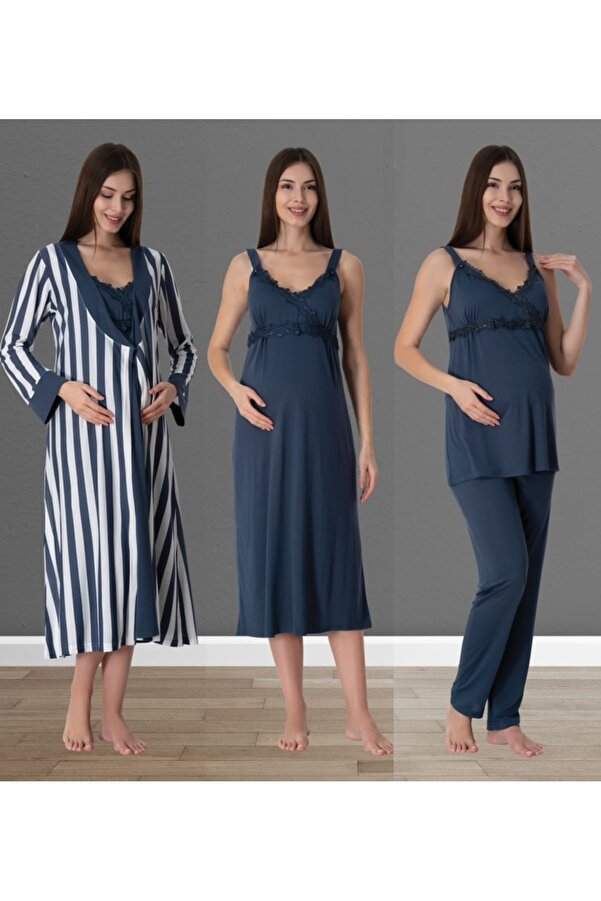 by İGP Navy Blue Cotton Dressing Gown and Nightgown Sleepwear Set
