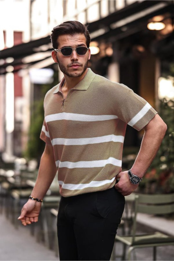 viperkombin Half Zippered Striped Knitted T-Shirt
