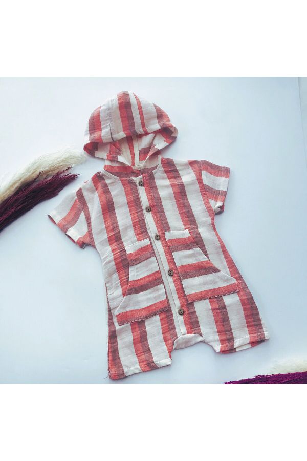 Miniworld-William Hooded Line Patterned Front Buttoned Muslin Jumpsuit 1