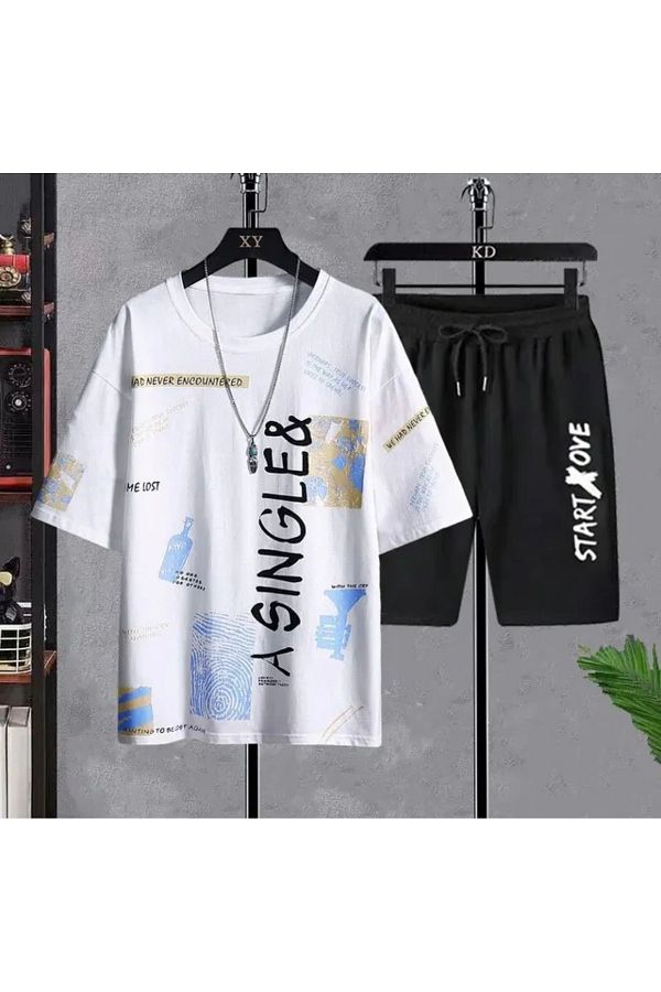 AMOR FACE-LARGE SIZE CUSTOM DESIGN A SINGLE MIXED PRINT OVERSIZE MEN'S T-SHIRT SHORTS SET 1