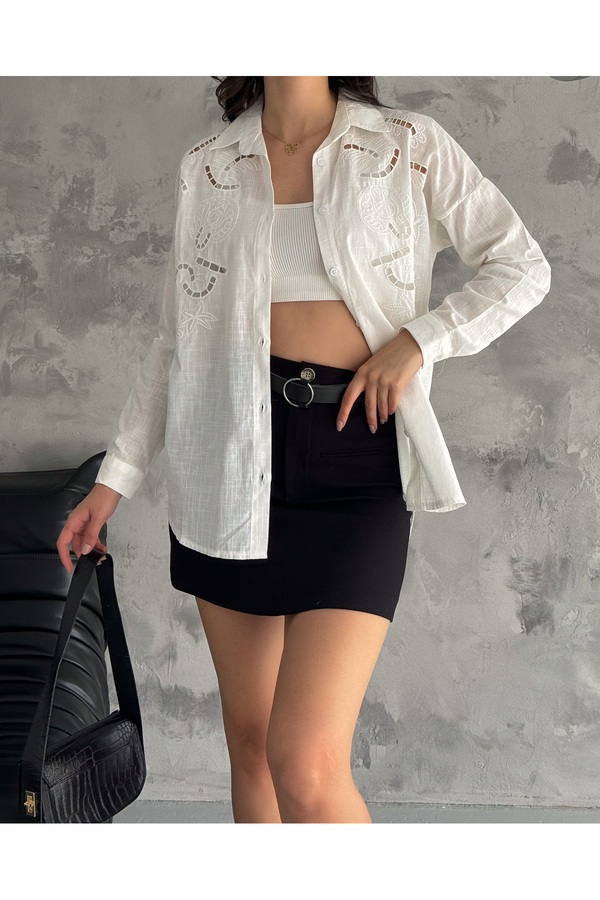 laughs-WOMEN'S ECRU FISTOLED LONG SLEEVE LINEN LOOK SHIRT DE3210 1